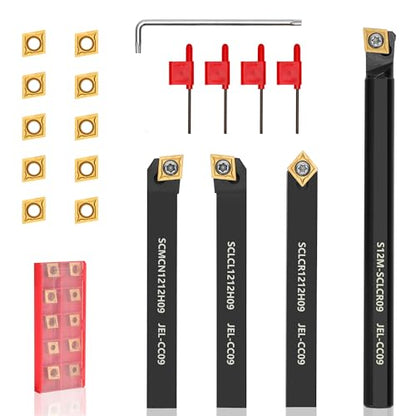 Indexable Lathe Turning Tool 1/2" 12mm Shank 14PCS Kit, 4PCS Metal Lathe Tools Holder 10PCS CCMT09T304 Carbide Insert for Turning Boring Grooving, SCMCN1212H09/SCLCL1212H09/SCLCR1212H09/S12M-SCLCR09 - style: 4pcs 1/2'' 12mm 09Shanks+10pcs Inserts