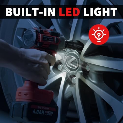SEYVUM Cordless Impact Wrench, 1/2” Max Torque 440 Ft-lbs / 600 N.m Power Impact Gun, 20V 3000RPM Electric Impact Driver, 2 x 4.0Ah Battery, 4 Impact Sockets, Carry Bag Included - style: 600 N.m