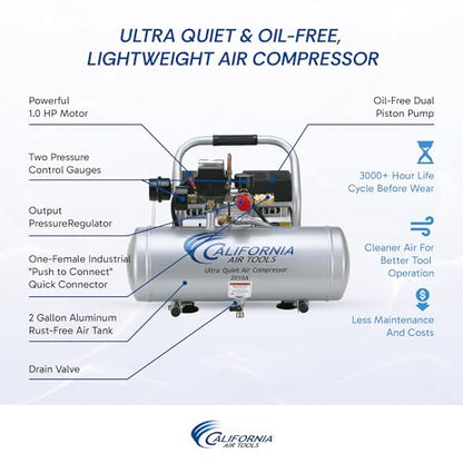 California Air Tools 2010A 1.0 HP Ultra Quiet and Oil-Free Air Compressor, 2 Gallon Aluminum Tank, 60 dBA Noise Level, Silver - style: Aluminum Tank