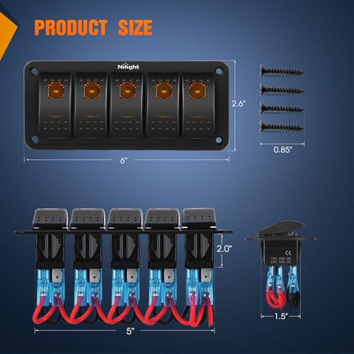 Nilight 5 Gang Rocker Switch Panel w/Orange LED Light 5Pin ON Off Pre-Wired - color: Amber, size: 5 Gang