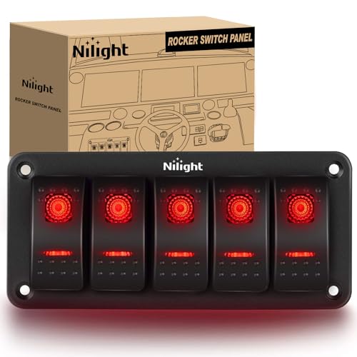 Nilight 5 Gang Rocker Switch Panel SPST On Off 5PIN Electrical Toggle Red - color: Red, size: 5 Gang