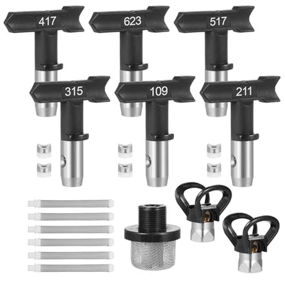 15 Pcs Airless Paint Sprayer Tips Set Includes 6 Reversible Spray Nozzle Tips with Spacer, 6 Airless Sprayer Filter, 1 Replacement Inlet Strainer and 2 Nozzle Guards