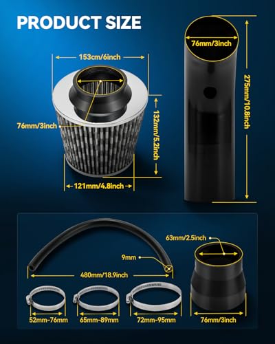 PHILTOP 3" Universal Cold Air Intake Kit (Black) - color: Black&White, size: 2006-2011 Honda Civic 1.8L(Exc. Si)