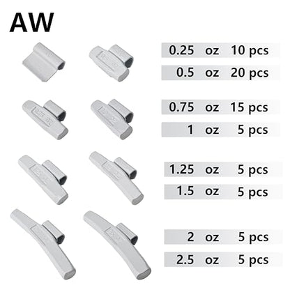 AW-M70 Wheel Weight Kit AW Style Grey 70pcs/kit: 1/4oz 10pcs, 1/2oz 20pcs, 3/4oz 15pcs, 1oz 5pcs, 1 1/4oz 5pcs, 1 1/2oz 5pcs, 2oz 5pcs and 2 1/2oz 5pcs - size: AW-M70