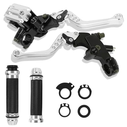 DREAMIZER Universal 7/8" 22mm Motorcycle Handlebar Brake Master Cylinder Clutch Levers CNC Left & Right Set + Hand Grips Compatible with Harley Honda Kawasaki Yamaha Suzuki (Silver) - color: Silver