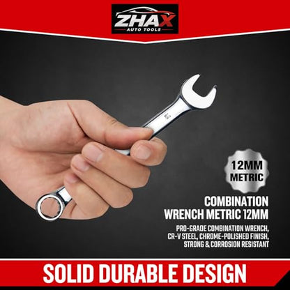zhax 12mm Metric Combination Wrench, 12 Point Box End, 15 Degree Offset Design, Mirror Polish Finish, Forged CR-V Steel, Hand Tools for Mechanics, Ideal for Auto and Home Repair - size: 12mm