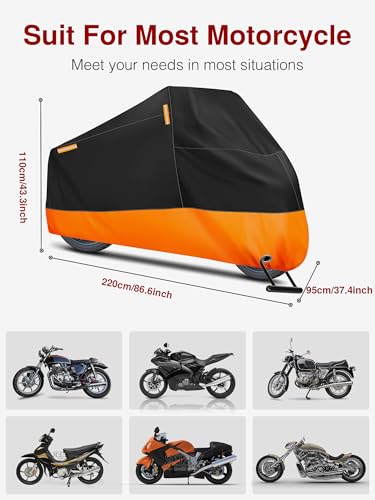 Puroma Motorcycle Cover Heavy Duty Scooter Cover Waterproof Outdoor All Season Universal Weather Quality Protection with Night Reflective, Lock Hole and Storage Bag Fits up to 86.6" Motorcycle Vehicle - color: Orange & Black, size: 86.6'' L x 37'' W x 43'