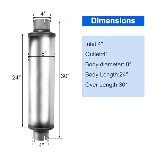 4'' Exhaust Muffler, 4'' inlet/outlet, Universal 30'' Overall Stainless Steel Straight Through Design, Resonator Muffler - size: 8"Body-4"