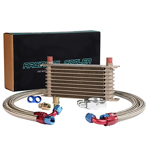 PIT66 Universal AN10 Engine Transmission Oil Cooler Compatible with Japanese Model Gold 10 Row Aluminum with Filter Relocation Kit B Set - color: Gold, size: 10 Row Japanese Model-B Set