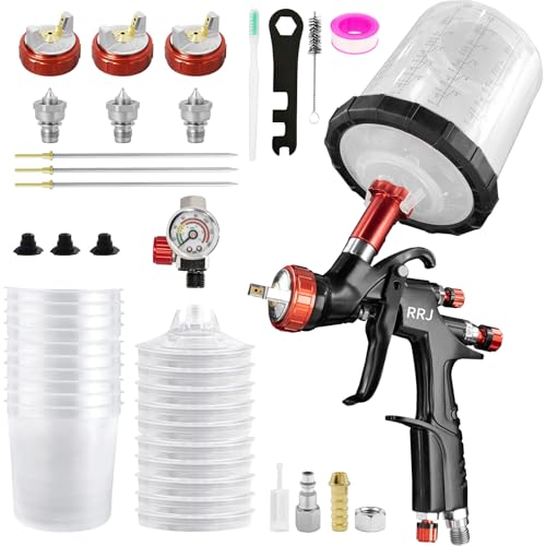 A610 LVLP Air Spray Gun Premium Kit, Automotive Paint Guns with 1.3/1.7/2.0mm Nozzles & Air Regulator, 10x 650ML Disposable Cups, Paint Gun for Cars, Furniture, Fence, Varnish&Top Coat - color: Black