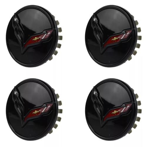 4Pc 2014+ C7 Corvette Stingray Center Caps w/Crossed Flag Logo Trim Set 23217059 (Black) - color: Black