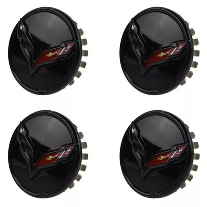 4Pc 2014+ C7 Corvette Stingray Center Caps w/Crossed Flag Logo Trim Set 23217059 (Black) - color: Black