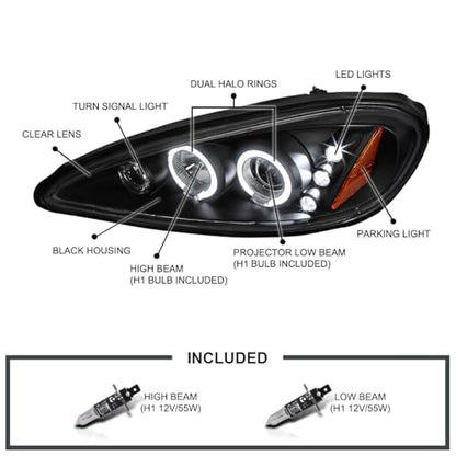 SPEC-D TUNING Black Dual LED Halo Projector Headlights - color: Black Housing Clear Lens