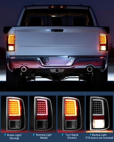 Nilight Taillight Assembly for 2009-2014 2015 2016 2017 2018 Dodge Ram - color: LED Black-C Shape