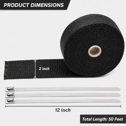 Automotive Exhaust Header Wrap Kit, 2 in x 50 ft, Black - color: Black, size: 2 in x 50 ft