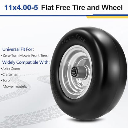 2 Pcs 11x4.00-5 Flat Free Lawn Mower Tire and Wheel, 3/4" & 5/8" Bearings - size: 2 Pcs 11x4.00-5 Flat Free