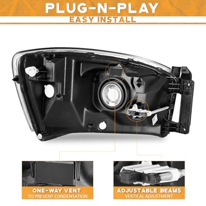 WEELMOTO Black Headlights with Amber Bottom for 2006-2008 Ram 1500-3500 - color: Clear Lens I Black housing I Amber Reflector