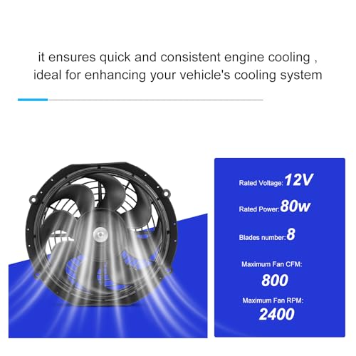 Universal 10-Inch Slim Electric Radiator Cooling Fan Kit – 12V 80W Push/Pull with Thermostat, Relay, Wiring Harness & Mounting Kit, Universal Fit – Black - size: 10 inch