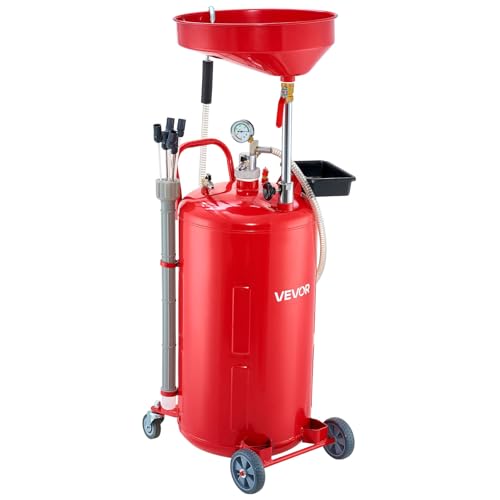 VEVOR 21 Gallon Waste Oil Drain Tank, Air Operated Portable Oil Drainer with Adjustable Funnel Height, Industrial Fluid Drain Tank with Wheels, Fluid Fuel Transfer Drainage for Auto Repair Shops, Red - size: 20.1 x 20.1 x 66.1 in