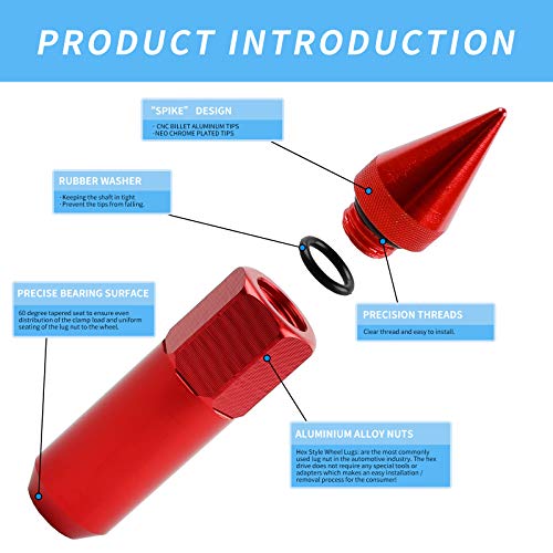 M12X1.5 Spiked Nuts for Rims Aluminum Extended Tuner Lug Nuts 20PCS 60MM (Red) - color: Red