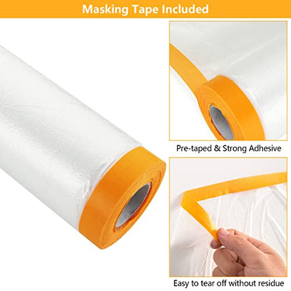 4 Rolls 10 x 66 Feet Plastic Sheeting, Painters Plastic Drop Cloths for Painting, Pre-Taped Masking Film Tape and Drape for Automotive Painting Covering, Furniture Floor Dustproof Cover - size: 10 x 66 feet