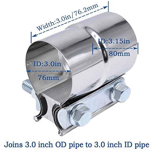 Exhaust Pipe Clamp 3.0 Inch Butt Joint Exhaust Clamp for 3" ID to 3" OD Pipe with Seal Band Clamp Sleeve 3 Inch Width 304 Stainless Steel (2PCS) - color: 3.0 in - 2 Pcs
