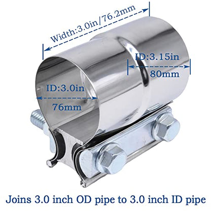 Exhaust Pipe Clamp 3.0 Inch Butt Joint Exhaust Clamp for 3" ID to 3" OD Pipe with Seal Band Clamp Sleeve 3 Inch Width 304 Stainless Steel (2PCS) - color: 3.0 in - 2 Pcs