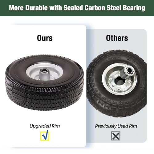 4.10/3.50-4 Tire & Wheel Flat Free, 2 Pcs Heavy Duty Solid PU Non-inflated Tires with Double Sealed Bearings, 5/8 in Axle Bore Hole & 2.15 in Offset Hub for Dolly/Garden Cart/Wheelbarrow/Wagon - size: 2 Pack Tires