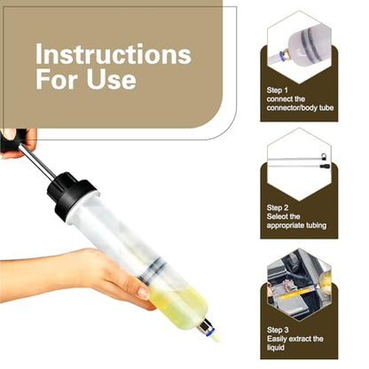 Car Power Steering Fluid Extractor, 200cc Oil Suction Pump, Manual Extraction Oil Syringe with 2 Hoses, Universal for Most Cars (White)