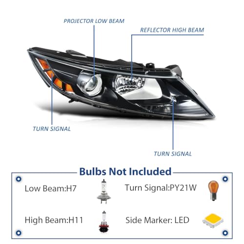 Headlight Fit for 2011-2013 KIA Optima EX LX SX,Halogen Headlamp Black Hosuing Amber Reflector Replacement Driver Passenger Side KI2502155 92101-2T121 KI2503155 92102-2T121(Not for Hybrid Models)