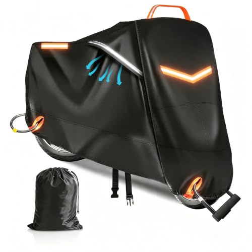 Motorcycle Cover Waterproof Outdoor, 420D Heavy‑Duty Thick Powersports Vehicle Covers with Breathable Vent Windows, Fits Up to 104 Inch, Lock-Holes, Storage Bag & Night Reflective Design - size: 3XL