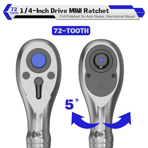 1/4-Inch Drive Stubby Ratchet, 9cm Ratchet Handle, 72-Tooth Quick-release Ratchet Wrench, Full Polished, for Auto Repair, Mechanical Repair - size: 1/4" Mini