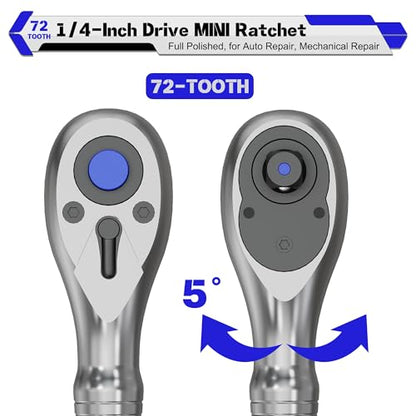 1/4-Inch Drive Stubby Ratchet, 9cm Ratchet Handle, 72-Tooth Quick-release Ratchet Wrench, Full Polished, for Auto Repair, Mechanical Repair - size: 1/4" Mini