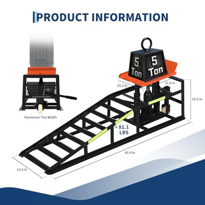 Heavy Duty Hydraulic Car Ramps 5 Ton Capacity with Wheels, Adjustable Height Portable Vehicle Lift Ramps, Auto Repair Ramps for Home Garage Car Maintenance & Oil Change - color: Orange