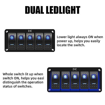 FXC Pre-Wired 5 Gang Rocker Switch Aluminum Panel with 40A Inline Fuse, Waterproof 6-Pin On-Off Car Boat Switch, Blue LED Switch Panel for Marine Boat Automotive RV Truck ATV Vehicles 12V/24V - style: 5 Gang