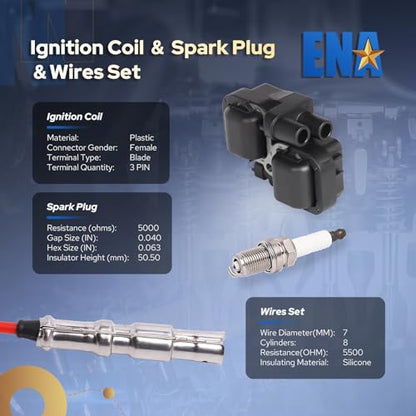 ENA Set of 8 Ignition Coil with 16 Iridium Spark Plug and Red Wire Set Compatible with Mercedes-Benz C43 CL500 CLK430 CLK500 E430 E500 E55 AMG ML430 ML500 S430 S500 SL500 4.3L 5.0L