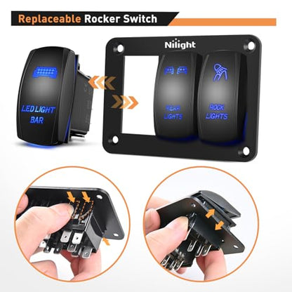 Nilight - 90105C 3 Gang Aluminum Rocker Switch Panel 5 Pin ON/Off Pre-Wired Toggle Switch Panel With Rocker Switch Holder 12/24V for Marine Boat Car ATV UTV, 2 Years Warranty,Blue - color: Blue, size: 3 Gang