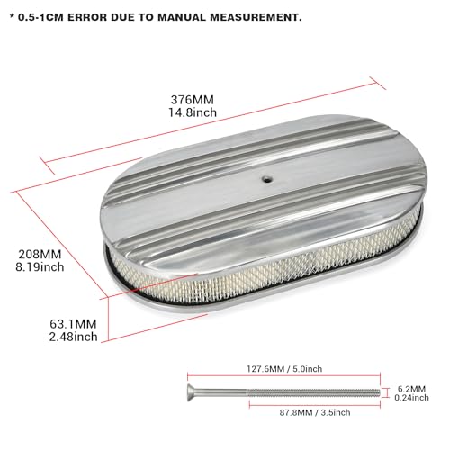 Universal 15" Oval Half Finned Air Cleaner Assembly,with Mounting bolt Silver Aluminum Alloy Oval Polished Full Finned - color: SILVER, size: 15" Oval Half Finned Air