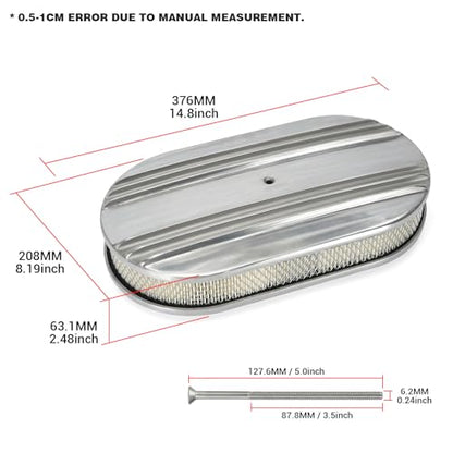 Universal 15" Oval Half Finned Air Cleaner Assembly,with Mounting bolt Silver Aluminum Alloy Oval Polished Full Finned - color: SILVER, size: 15" Oval Half Finned Air