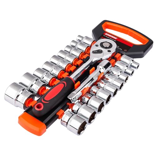 Egofine 20pcs 1/2 Inch Ratchet Socket Wrench Set, Drive Socket Set with 18 Sockets, 8-22mm,24mm,27mm,30mm sockets and 2 Way Quick Released Ratchet Handle and Extension Bar - color: 20pc Standard Socket Set, size: 1/2