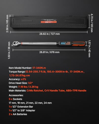 VEVOR Torque Wrench Set 1/2" Drive Digital Torque Wrench 4 Display Units, ±2% Accuracy, LCD Screen, with Buzzer and LED Indicator, with Sockets, Extension Bar, Adapter, for Automotive Repair - size: 1/2"