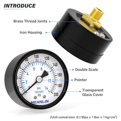MEANLIN MEASURE 0-200Psi 2" DIAL FACE 1/8" NPT Well Pump Pressure Gauge, with 1/4" NPT and 3/8" NPT Hex Bushing, 3-2-3% Accuracy, Center Back Mount - color: 1/8"NPT Back Mount, size: 0-200Psi