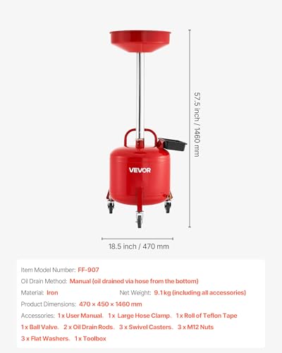 VEVOR 8 Gallon Waste Oil Drain Tank, Industrial Fluid Drain Tank with Adjustable Funnel Height, Portable Oil Drainer with Wheels & Toolbox, Fluid Fuel Transfer Drainage for Auto Repair Shops, Red - size: 8 Gallon