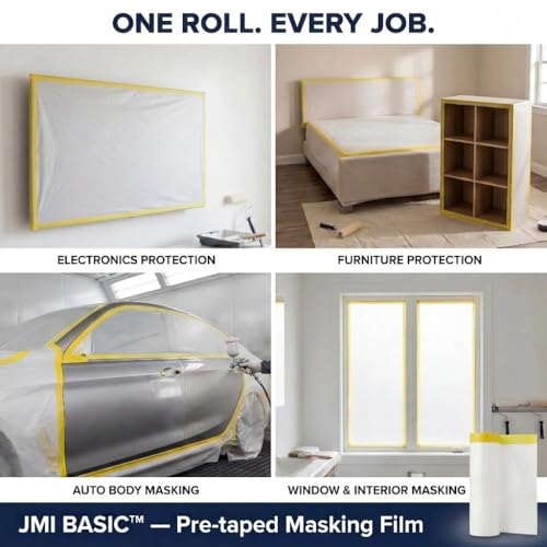 Pre-Taped Masking Film for Car Painting – 3 Pack Painters Plastic Sheeting with Automotive Tape and Drape, Paint Plastic Covering Cars, Appliance, Windows and Furniture Protection (59 Inch) - size: 59 Inch