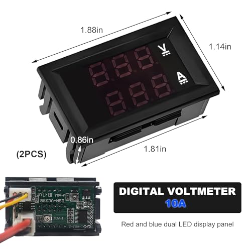 2 PCS 0.28" Digital Voltmeter Ammeter, DC 0-100V 10A 2 in 1 Volt Amp Meter with Connect Wires, Red & Blue Dual LED Display Panel Current Tester Voltage Gauge for EV Car Boat (10A)