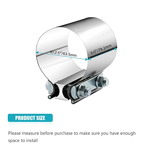 2.5" 2.5 Inch Exhaust Clamp Butt Joint Band Clamp Sleeve Coupler Stainless Steel 1 1/2 Inch for Exhaust Pipes, Mufflers and Catalytic Converters (2 PCS) - size: 2.5"
