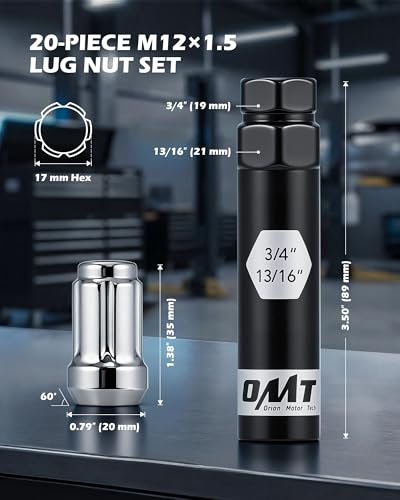 OMT M12x1.5 Lug Nuts with Cone Seat, 20pcs Lug Nuts Set with 1 Socket Key - color: Silver, size: M12x1.5, style: 20Pcs Spline Tuner