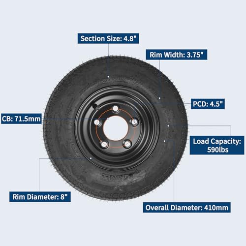 GarveeTech 2-Pack Trailer Tire On Rim 4.80-8 480-8 4.80x8 Trailer Tires and 5 Lug on 4.5 in PCD 8 in Wheels 6PR Black - size: 4.80-8