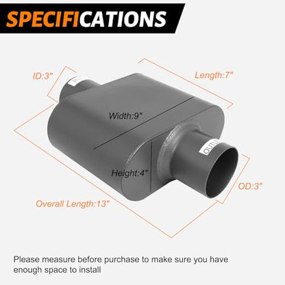 3 Inch Muffler with Aggressive Deep Sound, 3" ID Center In/Out Single Chamber Performance Muffler Universal Exhaust Muffler for Cars, Trucks - size: 3" Center In / 3" Center Out / Gray