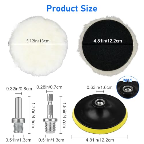 Linkstyle 11PCS 5 Inch Wool Polishing Buffing Pad Kit, Car Polishing Kit for Drill Buffer Attachment with M14 Drill Adapter for Waxing, Car Detailing, Metal Glass Surface
